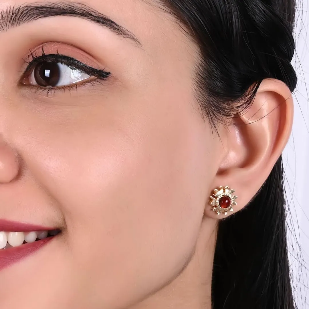 Gempires Flower Stud Earrings, Red Garnet Earring, Natural Gemstone Earrings, Hypoallergenic 14k Gold Plated, Cute Chic Flower Studs, Party Wear, Gift for Her (12 mm)