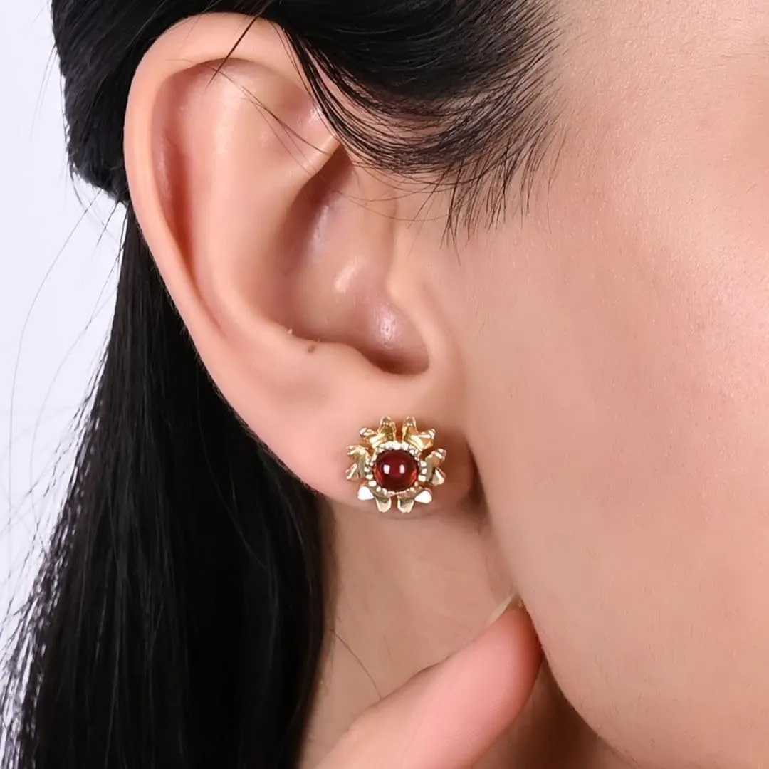 Gempires Flower Stud Earrings, Red Garnet Earring, Natural Gemstone Earrings, Hypoallergenic 14k Gold Plated, Cute Chic Flower Studs, Party Wear, Gift for Her (12 mm)