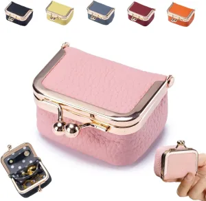 Genuine Leather Mini Jewelry Box, Stylish Portable Mini Jewelry Case for Travel, Vintage-inspired Leather Mini Jewelry Box with Kiss Lock Closure, Perfect for Earrings, Rings, Necklaces (Pink)
