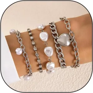 GIGB PBDK 5 Pcs Set Gold Floral Pearl Bracelet for Women, Leaves White Flower Petal Layered Bangles, Pearls Beads Adjustable Chain Link Bracelet, Trendy Jewelry Gifts