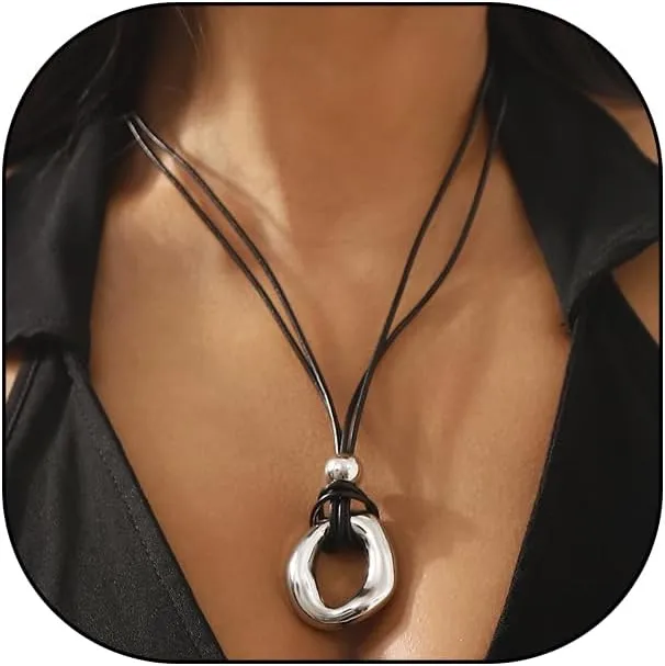 GIGB PBDK Chunky Pendant Leather Choker Necklace for Men Women Western Hollow Oval Pendant Adjustable Black Rope Necklace Minimalist Boho Cowgirl Jewelry Gift