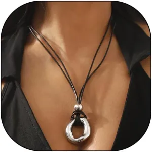 GIGB PBDK Chunky Pendant Leather Choker Necklace for Men Women Western Hollow Oval Pendant Adjustable Black Rope Necklace Minimalist Boho Cowgirl Jewelry Gift