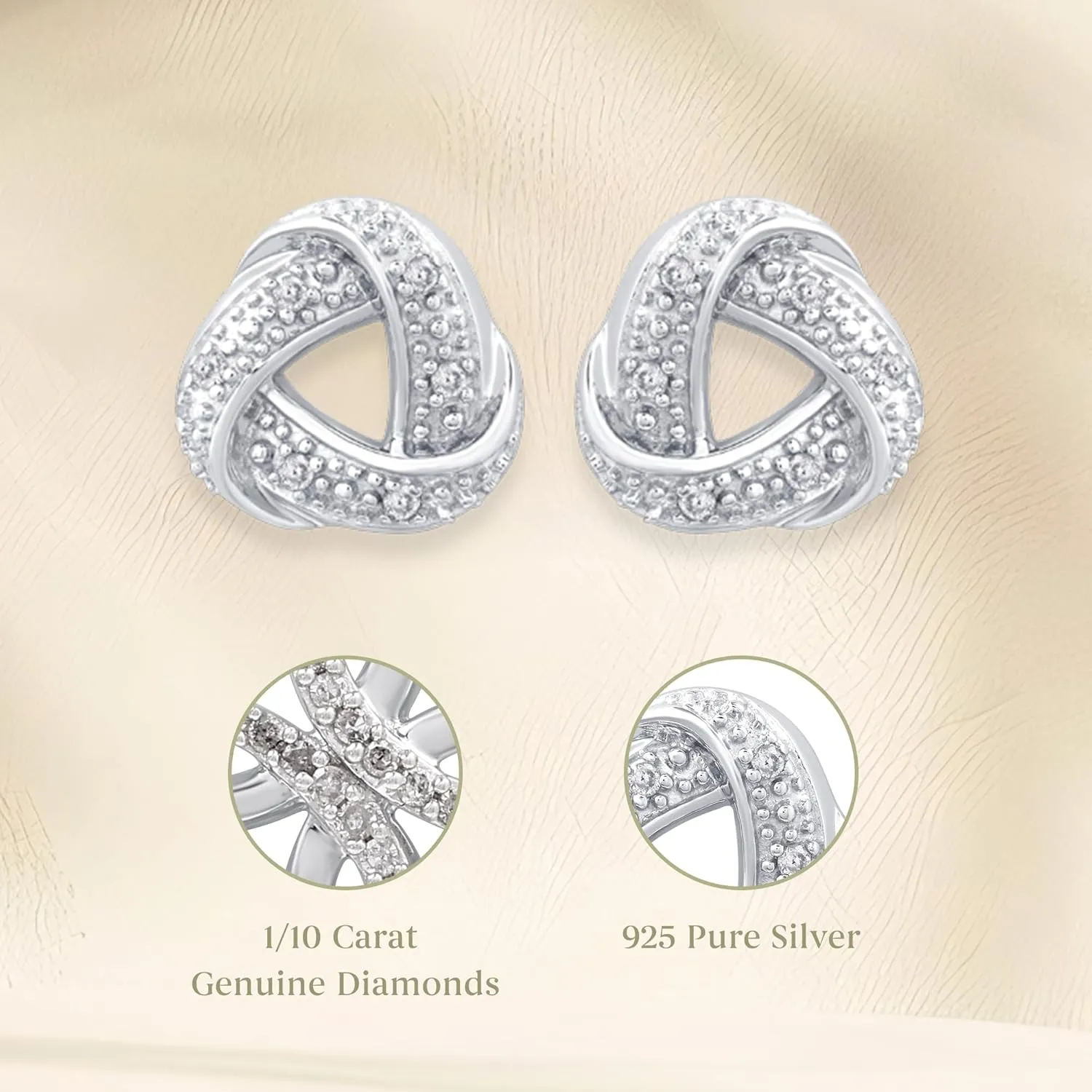 GILDED Sterling Silver Hoop Earrings for Women with Natural-Cut Genuine Diamonds, Click Top Earring Set, 0.25 Carat Total Weight, Sterling Silver Stud Earrings, Love Knot Post Studs Set 1/10 carat Total Weight, Elegant Gift Box Included