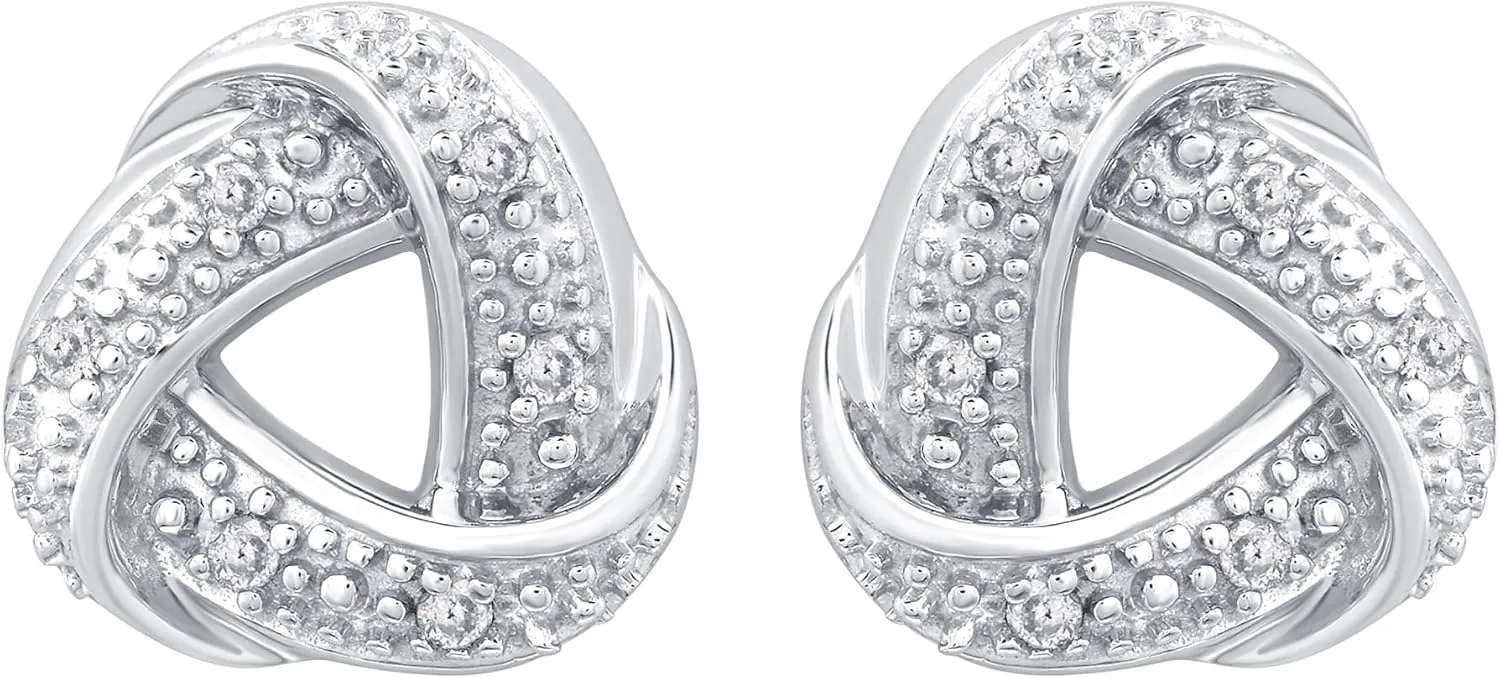 GILDED Sterling Silver Hoop Earrings for Women with Natural-Cut Genuine Diamonds, Click Top Earring Set, 0.25 Carat Total Weight, Sterling Silver Stud Earrings, Love Knot Post Studs Set 1/10 carat Total Weight, Elegant Gift Box Included
