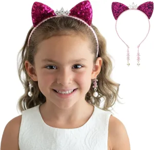 Girl Sequins Cat Ears Headband with Earring Pendants For Birthdays, Halloween and Parties