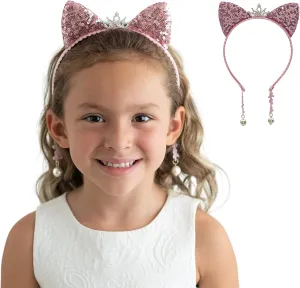 Girl Sequins Cat Ears Headband with Earring Pendants For Birthdays, Halloween and Parties