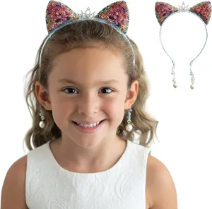 Girl Sequins Cat Ears Headband with Earring Pendants For Birthdays, Halloween and Parties