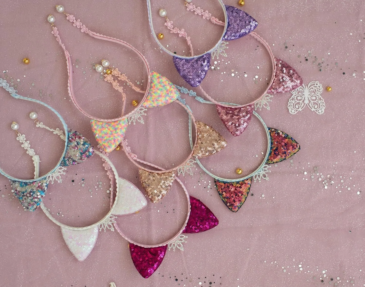 Girl Sequins Cat Ears Headband with Earring Pendants For Birthdays, Halloween and Parties