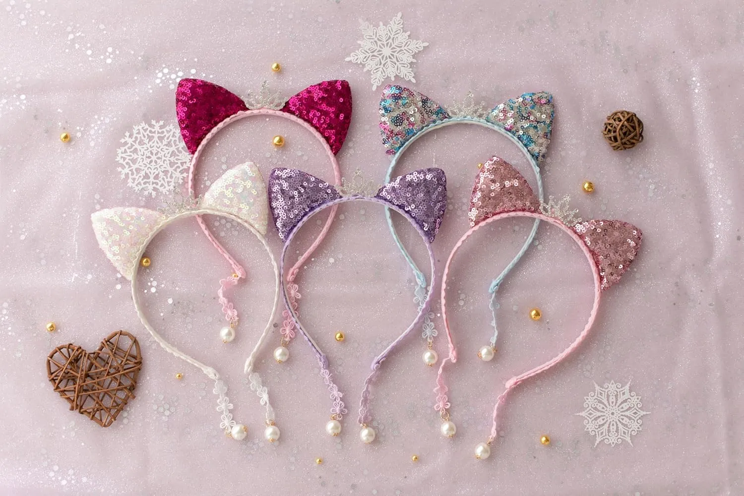 Girl Sequins Cat Ears Headband with Earring Pendants For Birthdays, Halloween and Parties