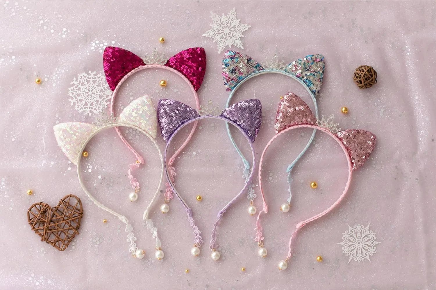 Girl Sequins Cat Ears Headband with Earring Pendants For Birthdays, Halloween and Parties
