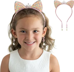 Girl Sequins Cat Ears Headband with Earring Pendants For Birthdays, Halloween and Parties
