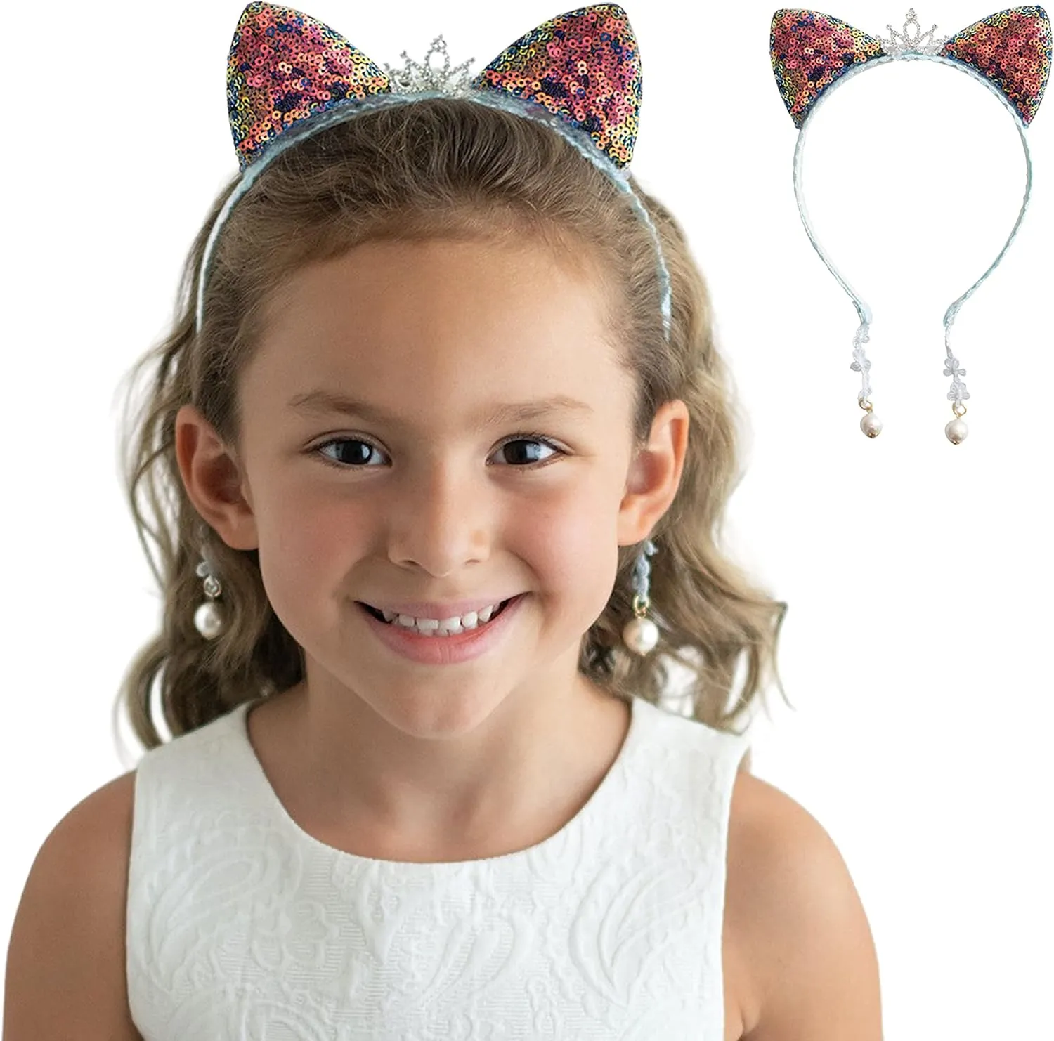 Girl Sequins Cat Ears Headband with Earring Pendants For Birthdays, Halloween and Parties