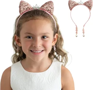 Girl Sequins Cat Ears Headband with Earring Pendants For Birthdays, Halloween and Parties