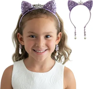 Girl Sequins Cat Ears Headband with Earring Pendants For Birthdays, Halloween and Parties