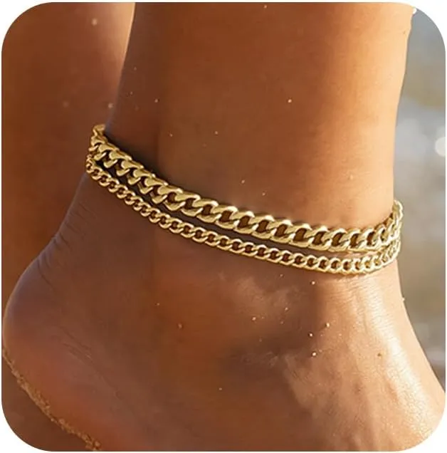 Gold Ankle Bracelets for Women, 14k Gold Plated Cuban Link Anklets Set, Waterproof Anklet Bracelets for Women Layered Chain Adjustable Size Jewelry Mother's Day Gift Beach
