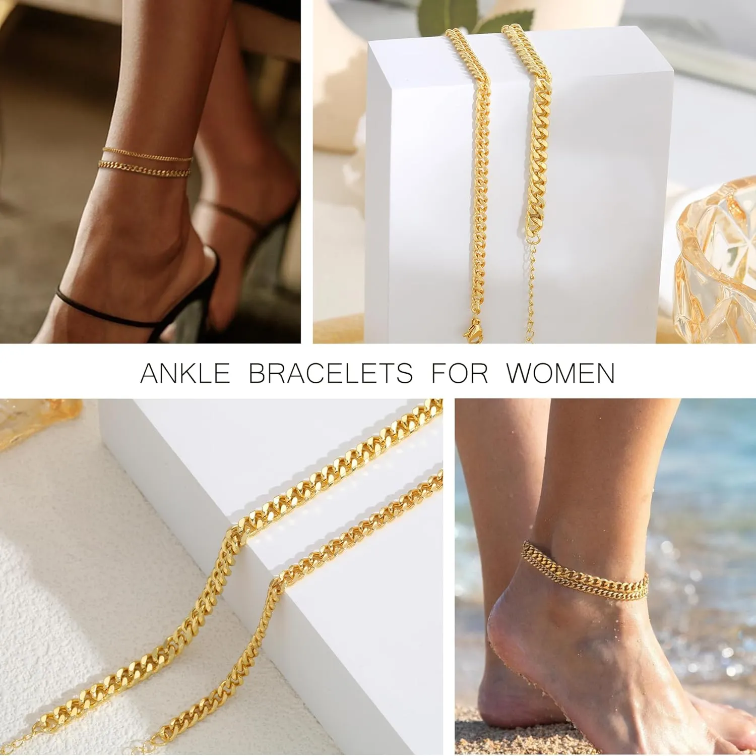 Gold Ankle Bracelets for Women, 14k Gold Plated Cuban Link Anklets Set, Waterproof Anklet Bracelets for Women Layered Chain Adjustable Size Jewelry Mother's Day Gift Beach