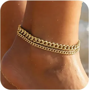 Gold Ankle Bracelets for Women, 14k Gold Plated Cuban Link Anklets Set, Waterproof Anklet Bracelets for Women Layered Chain Adjustable Size Jewelry Mother's Day Gift Beach