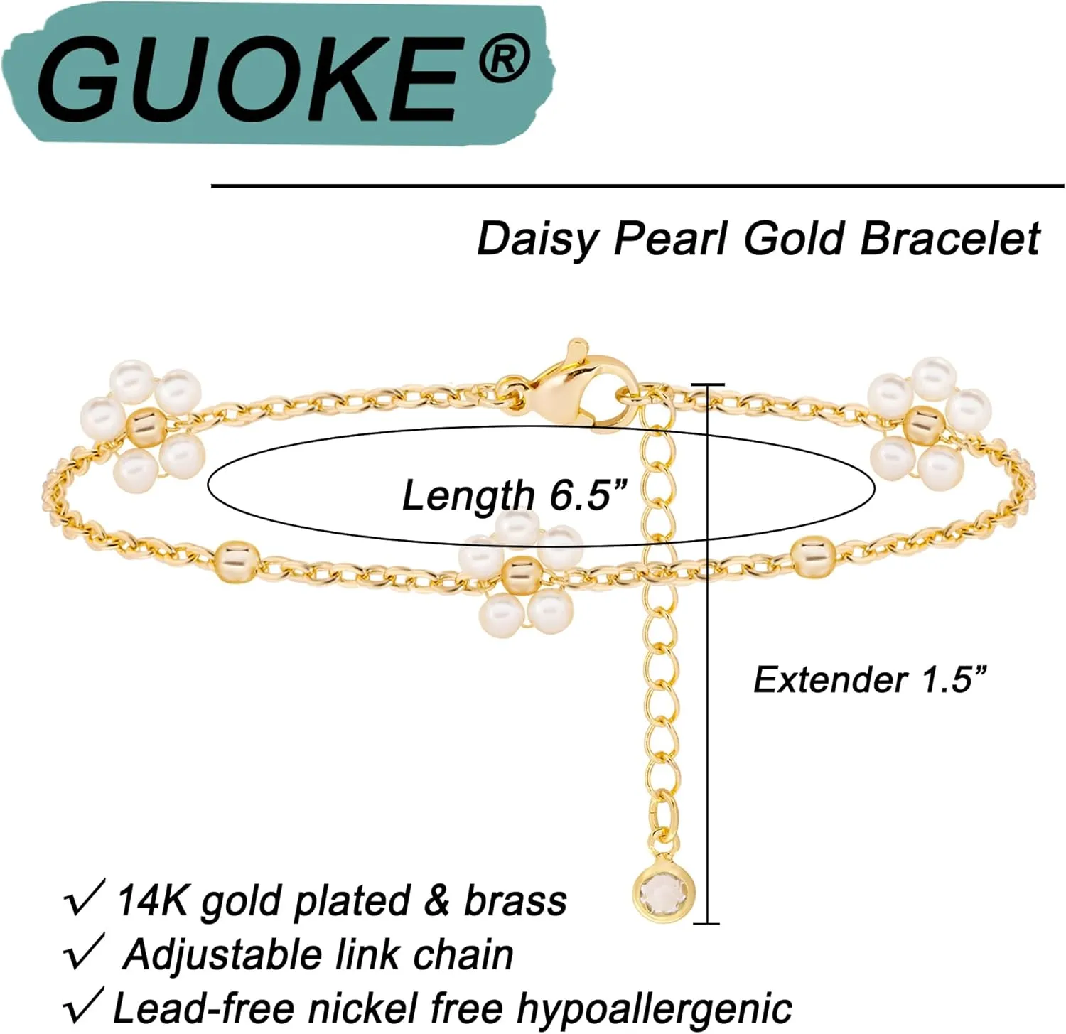Gold Bracelet for Women, 14K Gold Plated Daisy Pearl Bead Tennis Chunky Curb Sparkle CrissCross Bracelet Simple Jewelry