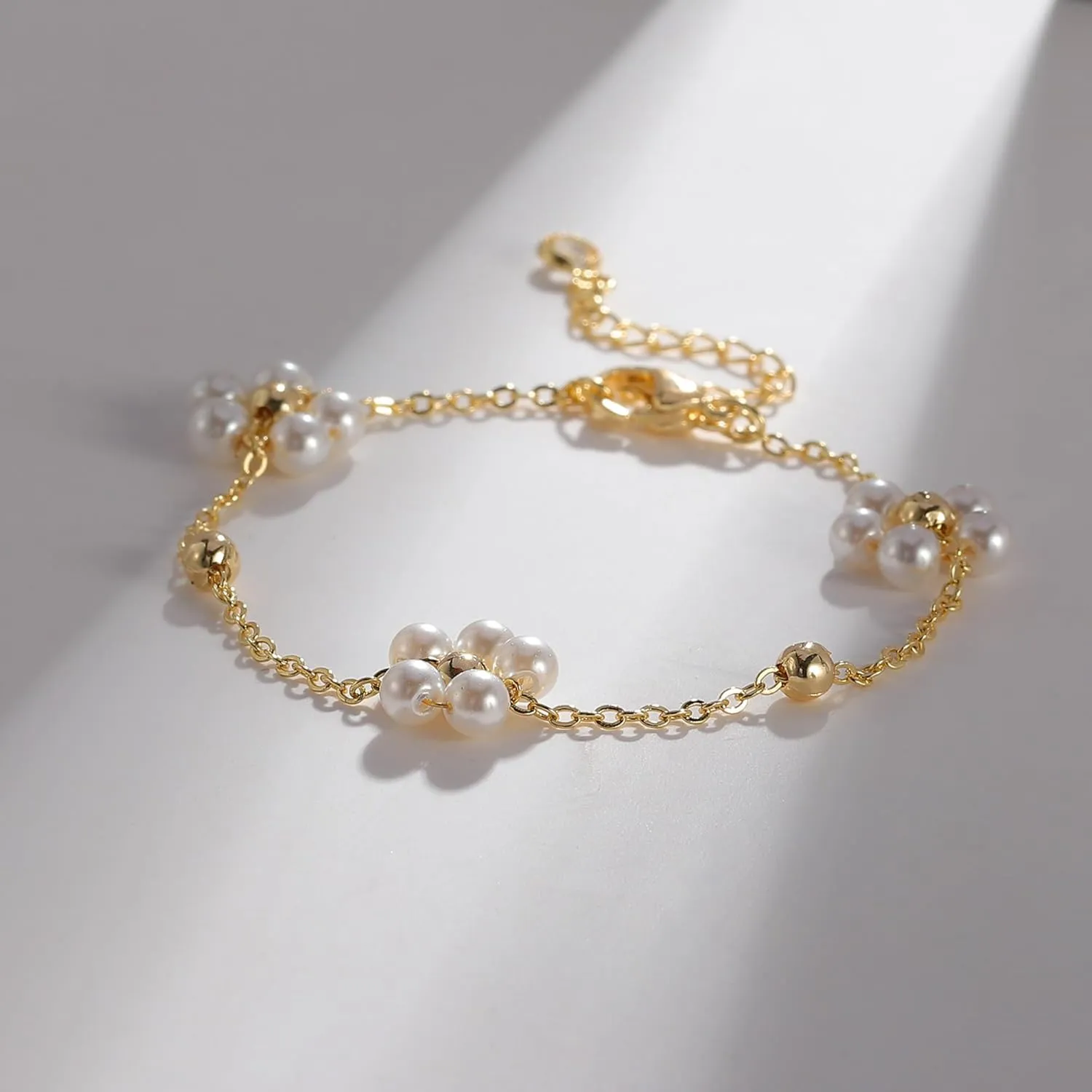 Gold Bracelet for Women, 14K Gold Plated Daisy Pearl Bead Tennis Chunky Curb Sparkle CrissCross Bracelet Simple Jewelry