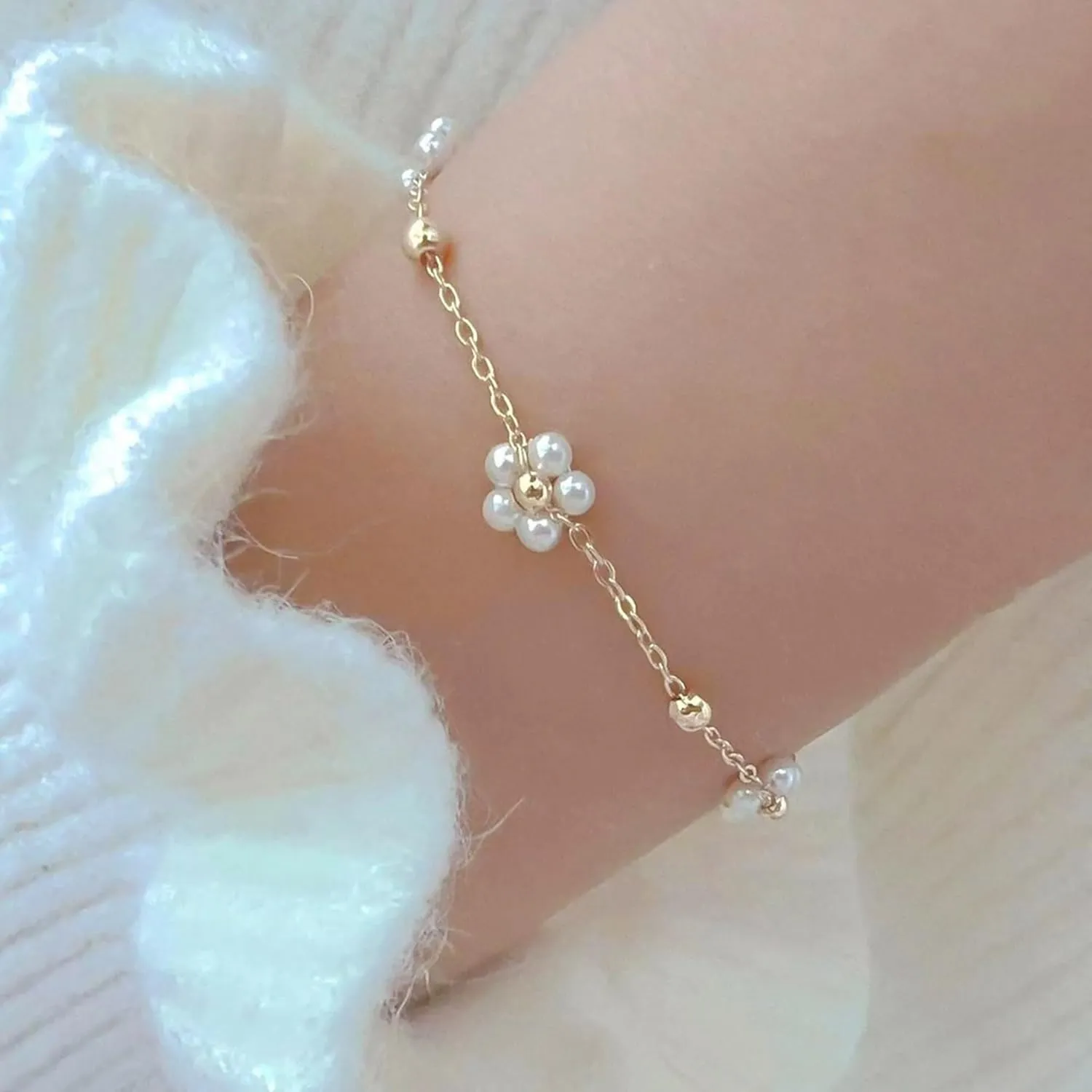 Gold Bracelet for Women, 14K Gold Plated Daisy Pearl Bead Tennis Chunky Curb Sparkle CrissCross Bracelet Simple Jewelry