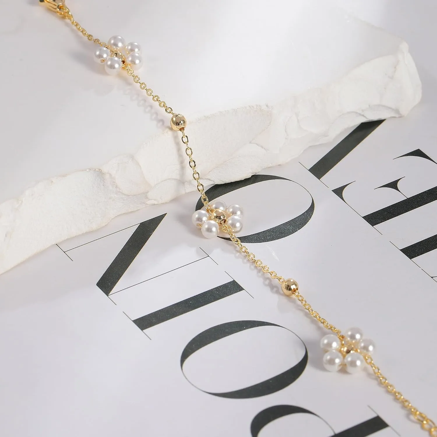 Gold Bracelet for Women, 14K Gold Plated Daisy Pearl Bead Tennis Chunky Curb Sparkle CrissCross Bracelet Simple Jewelry