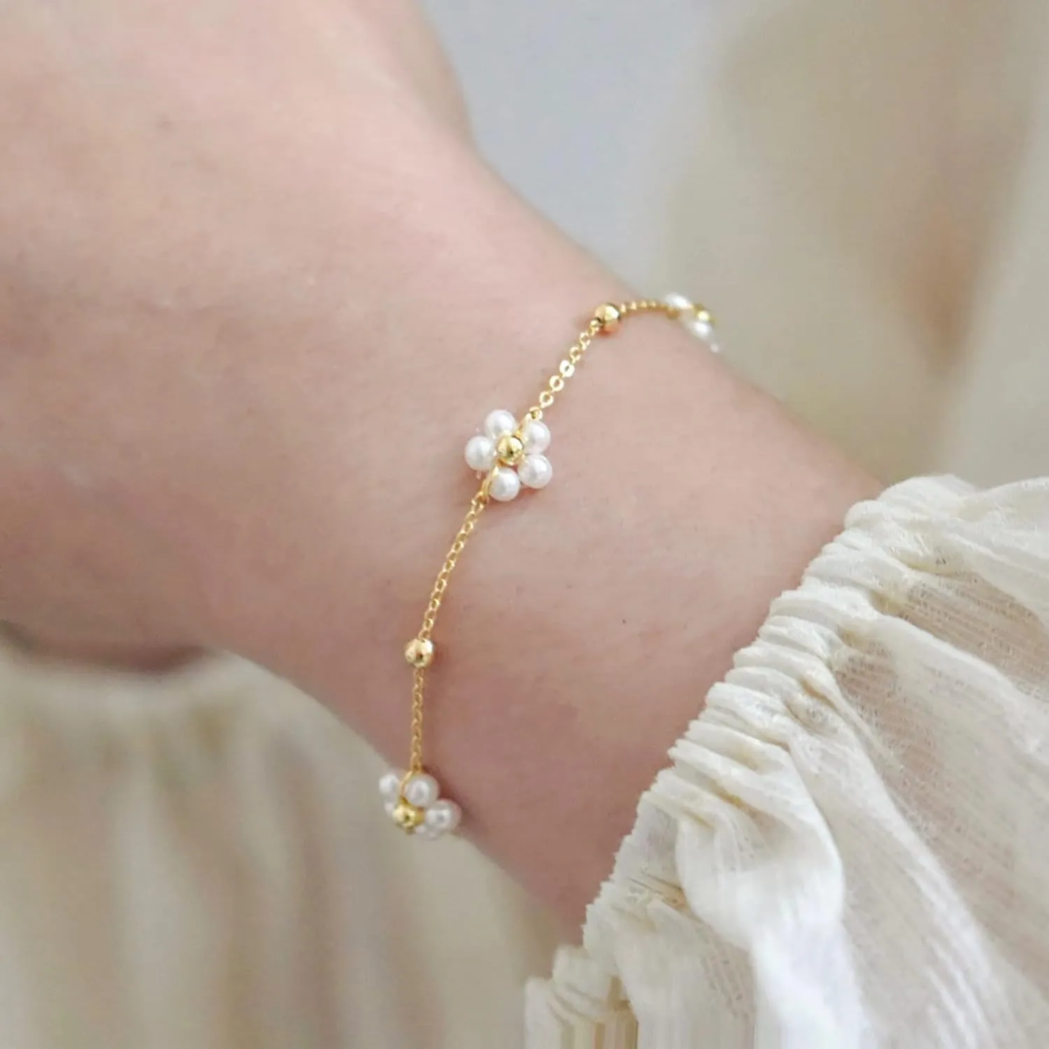 Gold Bracelet for Women, 14K Gold Plated Daisy Pearl Bead Tennis Chunky Curb Sparkle CrissCross Bracelet Simple Jewelry