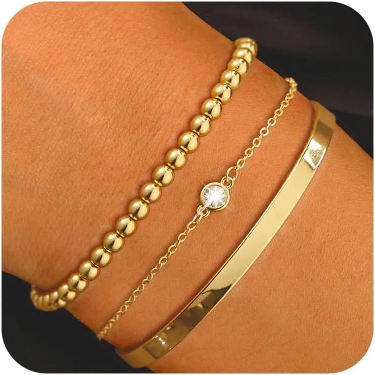 Gold Bracelet Set - Dainty 14k Gold Plated Bangles, Trendy Adjustable Cuffs, 5pcs Link Bracelets, Non-Tarnish Gold Jewelry for Women, Christmas Gifts