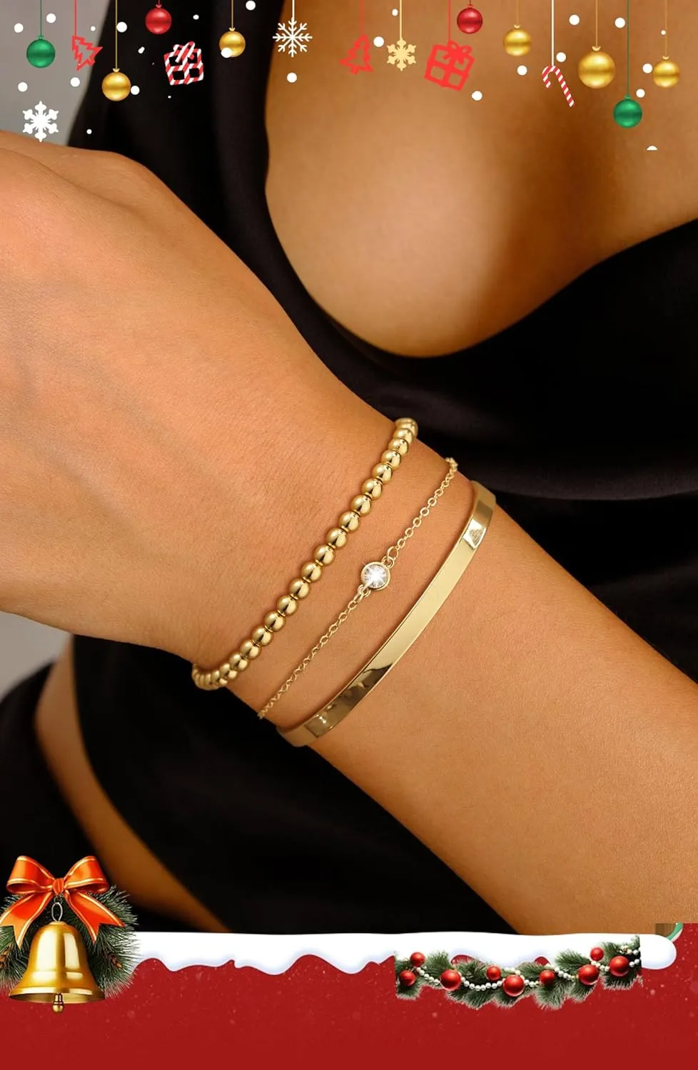 Gold Bracelet Set - Dainty 14k Gold Plated Bangles, Trendy Adjustable Cuffs, 5pcs Link Bracelets, Non-Tarnish Gold Jewelry for Women, Christmas Gifts