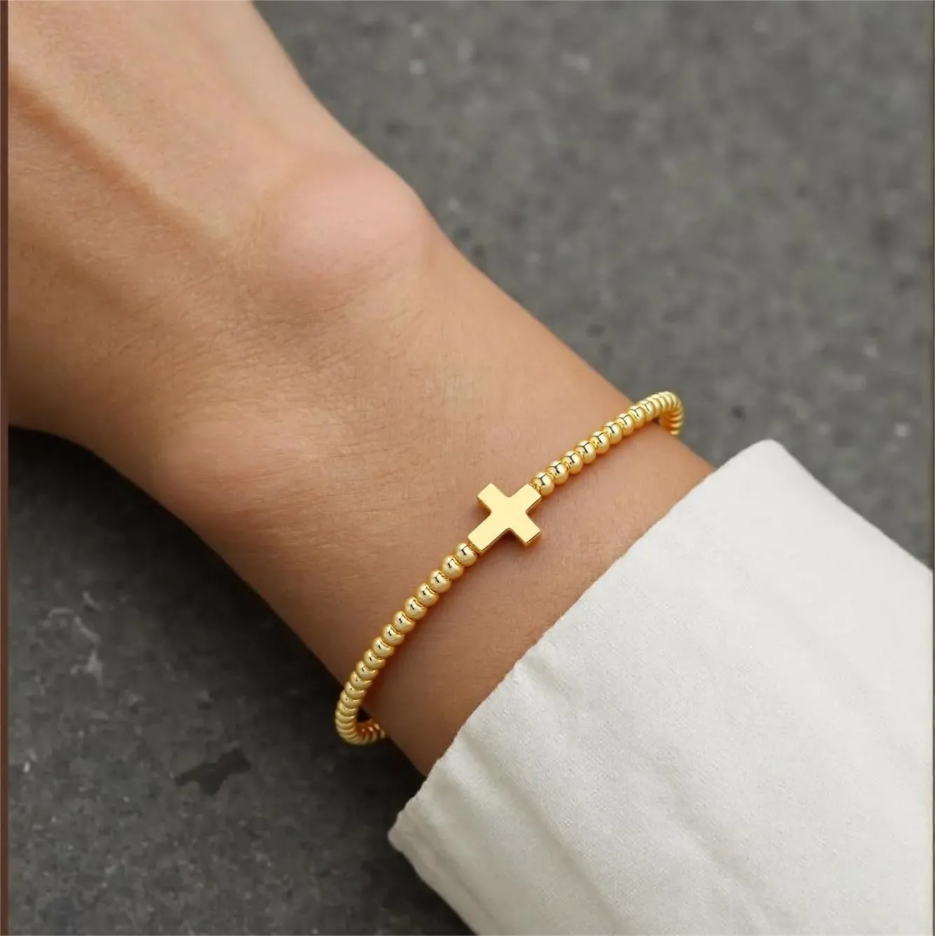 Gold Bracelets for Women 14K Gold Bead Bracelet Hypoallergenic Stretch Bracelets for Women Elastic Bracelet Trendy Teen Gift Dainty Jewelry for Women