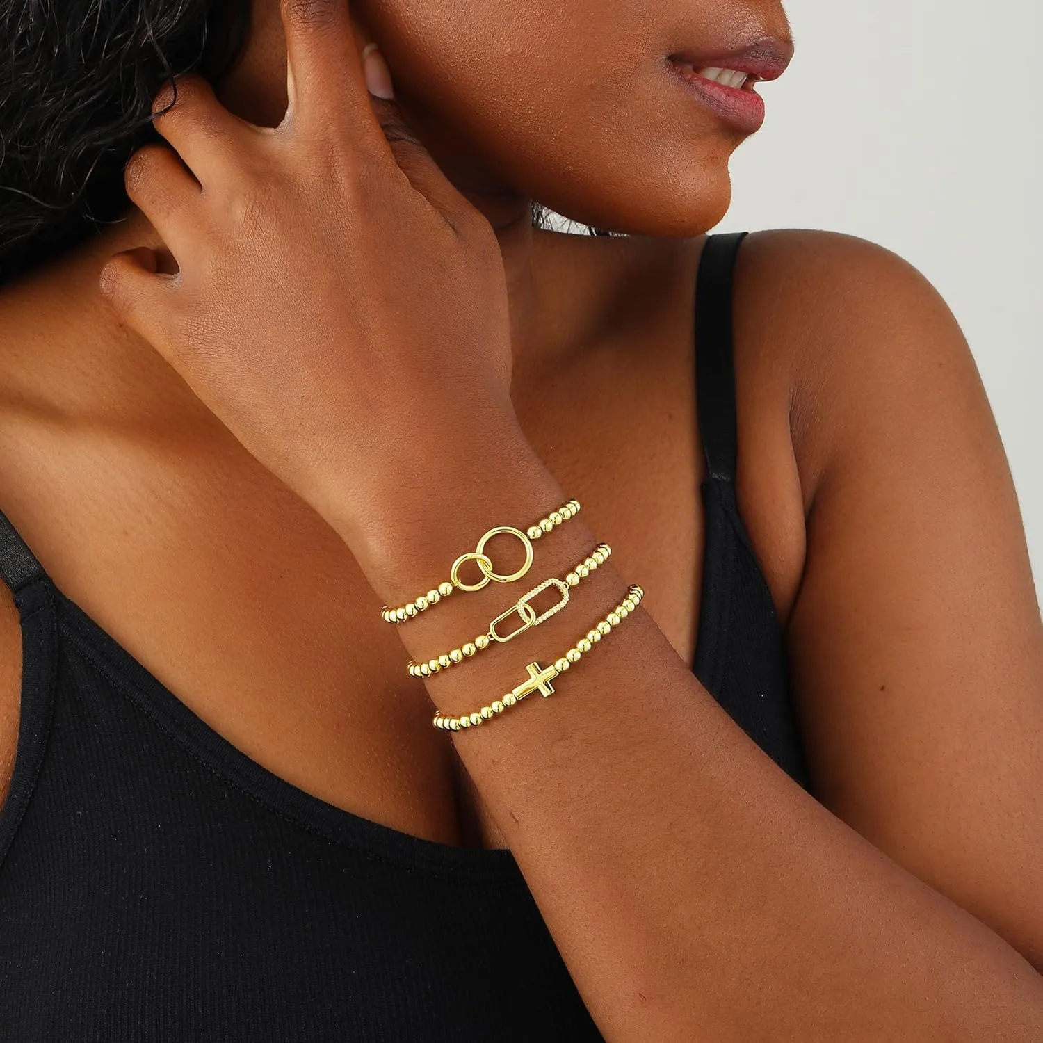 Gold Bracelets for Women 14K Gold Bead Bracelet Hypoallergenic Stretch Bracelets for Women Elastic Bracelet Trendy Teen Gift Dainty Jewelry for Women