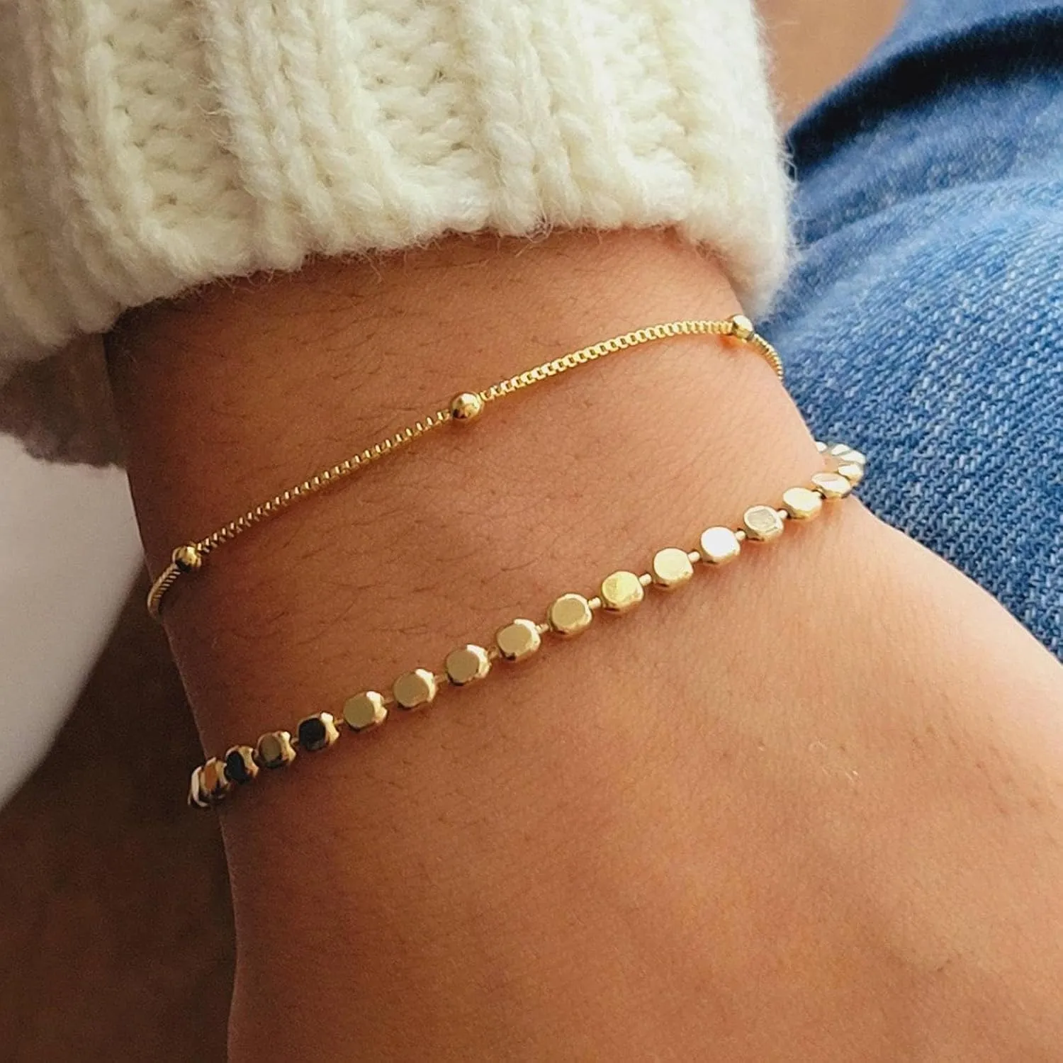 Gold Bracelets for Women, 14K Gold Plated Dainty Bracelet Set Stackable Paperclip Box Bead Chain Bracelet Adjustable Simple Gold Bracelet Trendy Gold jewelry for Women Gifts