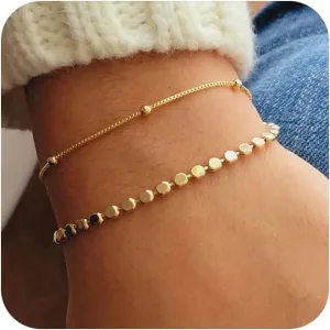 Gold Bracelets for Women, 14K Gold Plated Dainty Bracelet Set Stackable Paperclip Box Bead Chain Bracelet Adjustable Simple Gold Bracelet Trendy Gold jewelry for Women Gifts