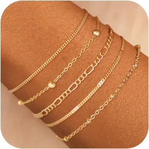 Gold Bracelets for Women Trendy, 14K Gold Plated Dainty Stackable Adjustable Charm Cuban Link Paperclip Chain Bracelet Stack Set Layered Jewelry Gifts for Women