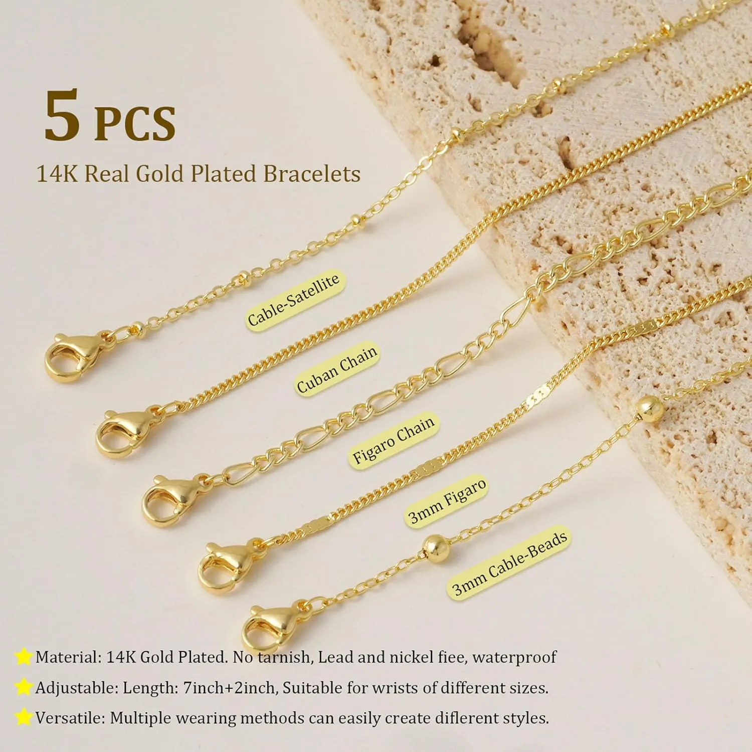 Gold Bracelets for Women Trendy, 14K Gold Plated Dainty Stackable Adjustable Charm Cuban Link Paperclip Chain Bracelet Stack Set Layered Jewelry Gifts for Women