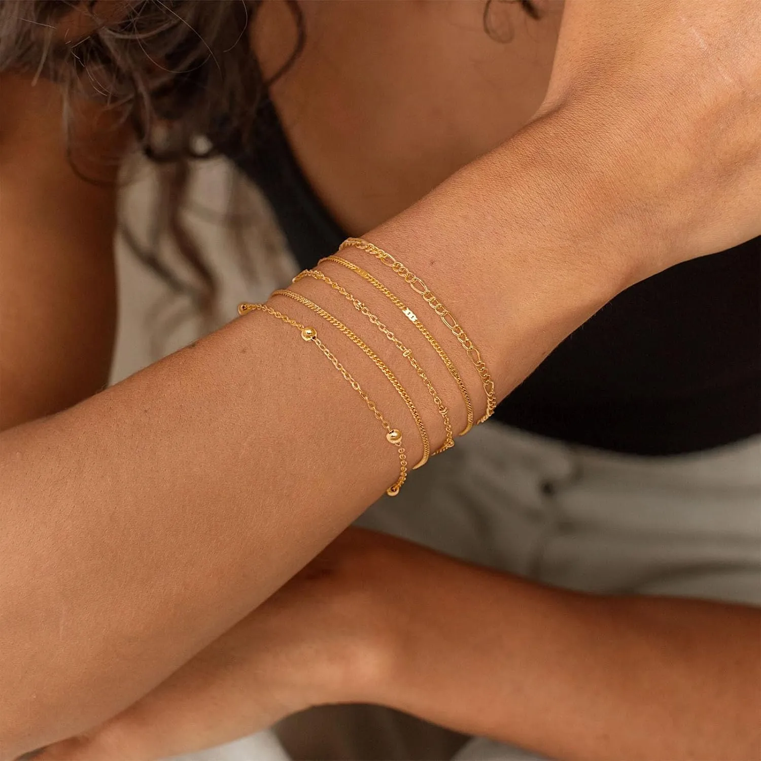 Gold Bracelets for Women Trendy, 14K Gold Plated Dainty Stackable Adjustable Charm Cuban Link Paperclip Chain Bracelet Stack Set Layered Jewelry Gifts for Women
