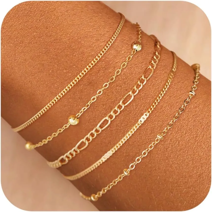 Gold Bracelets for Women Trendy, 14K Gold Plated Dainty Stackable Adjustable Charm Cuban Link Paperclip Chain Bracelet Stack Set Layered Jewelry Gifts for Women