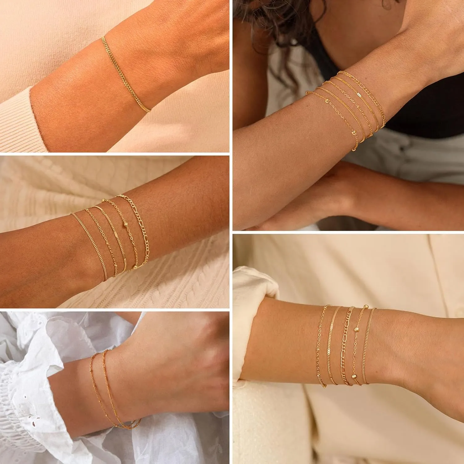 Gold Bracelets for Women Trendy, 14K Gold Plated Dainty Stackable Adjustable Charm Cuban Link Paperclip Chain Bracelet Stack Set Layered Jewelry Gifts for Women