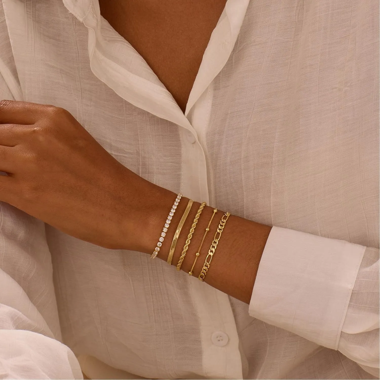 Gold Bracelets for Women Trendy, 14K Gold Plated Dainty Stackable Bracelet Stack Adjustable Beaded Tennis Paperclip Cuban Chain Link Layered Bracelet Jewelry Set Fashion Accessories Gifts for Women