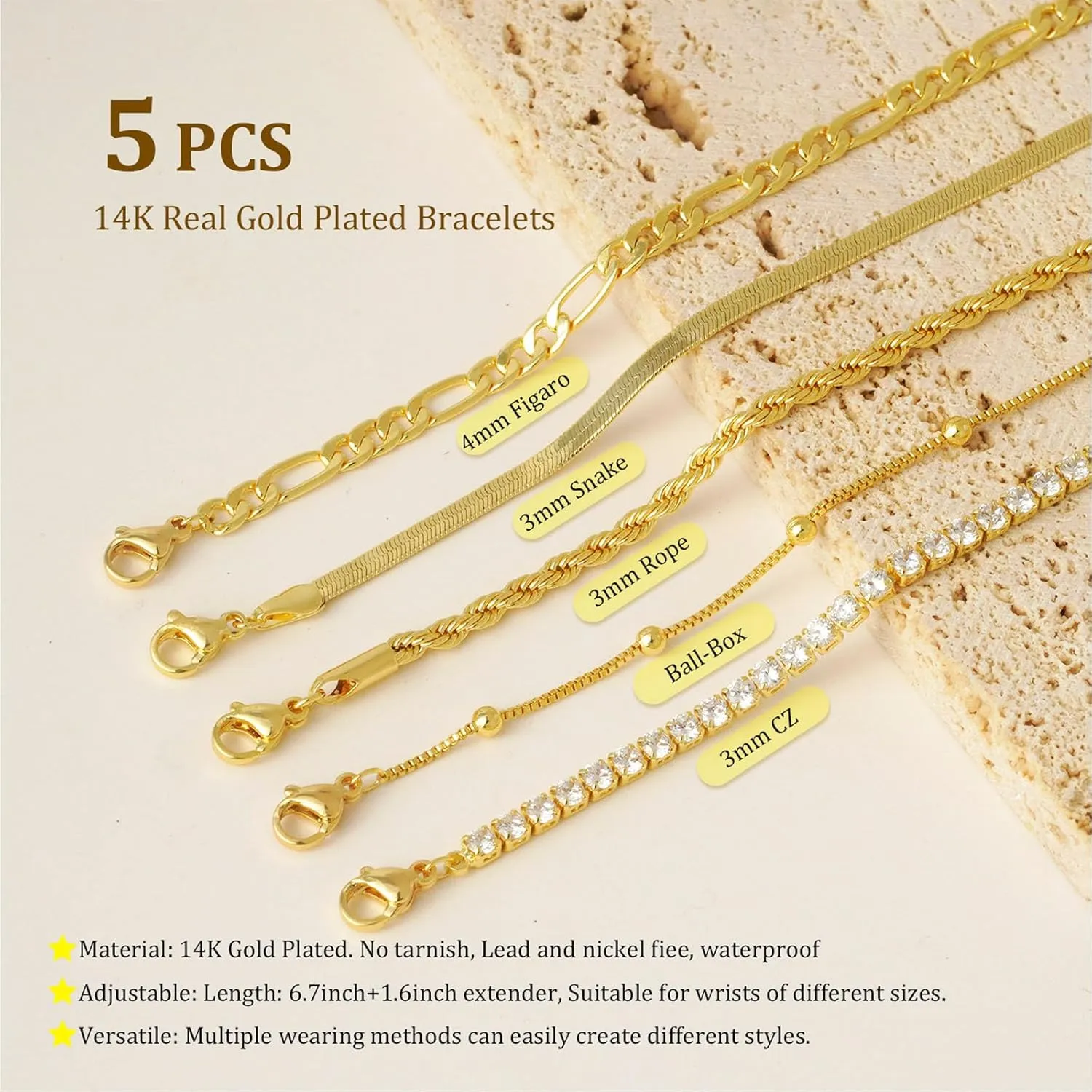 Gold Bracelets for Women Trendy, 14K Gold Plated Dainty Stackable Bracelet Stack Adjustable Beaded Tennis Paperclip Cuban Chain Link Layered Bracelet Jewelry Set Fashion Accessories Gifts for Women
