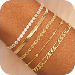 Gold Bracelets for Women Trendy, 14K Gold Plated Dainty Stackable Bracelet Stack Adjustable Beaded Tennis Paperclip Cuban Chain Link Layered Bracelet Jewelry Set Fashion Accessories Gifts for Women