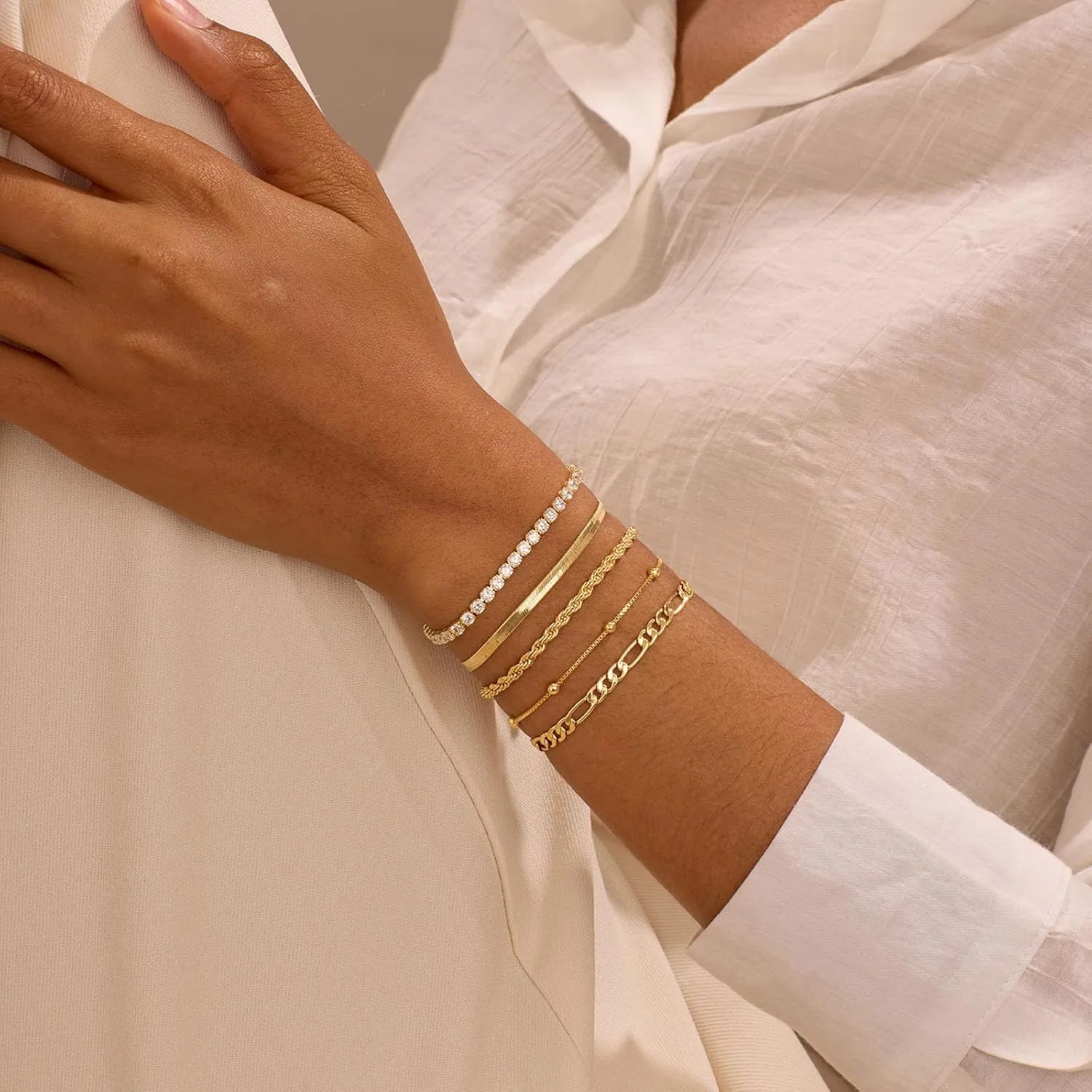 Gold Bracelets for Women Trendy, 14K Gold Plated Dainty Stackable Bracelet Stack Adjustable Beaded Tennis Paperclip Cuban Chain Link Layered Bracelet Jewelry Set Fashion Accessories Gifts for Women