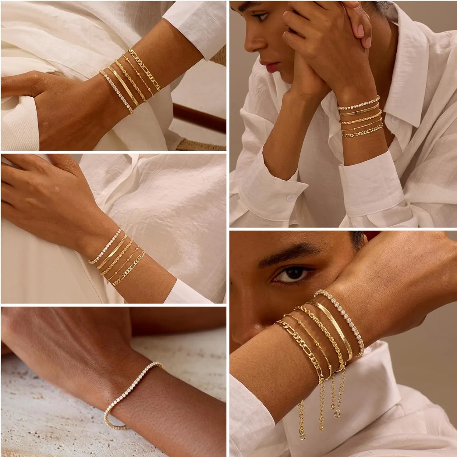 Gold Bracelets for Women Trendy, 14K Gold Plated Dainty Stackable Bracelet Stack Adjustable Beaded Tennis Paperclip Cuban Chain Link Layered Bracelet Jewelry Set Fashion Accessories Gifts for Women