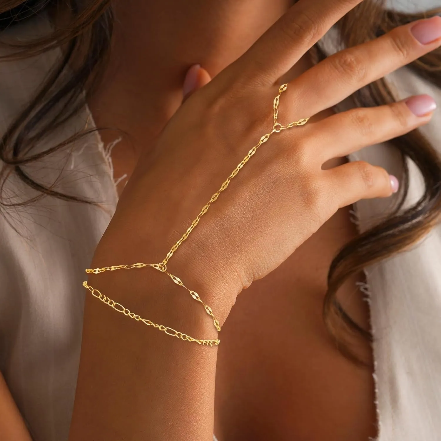 Gold Bracelets for Women Trendy, Dainty Gold Hand Chain Bracelets Stackable 14k Gold Plated Finger Ring Bracelet Hand Chain Cz Flower Layered Link Bracelets for Women Non Tarnish Jewelry Gifts