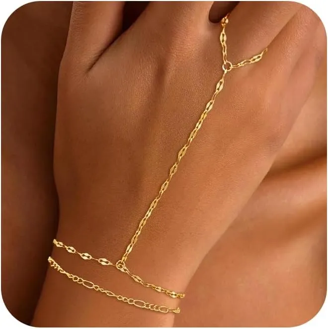 Gold Bracelets for Women Trendy, Dainty Gold Hand Chain Bracelets Stackable 14k Gold Plated Finger Ring Bracelet Hand Chain Cz Flower Layered Link Bracelets for Women Non Tarnish Jewelry Gifts