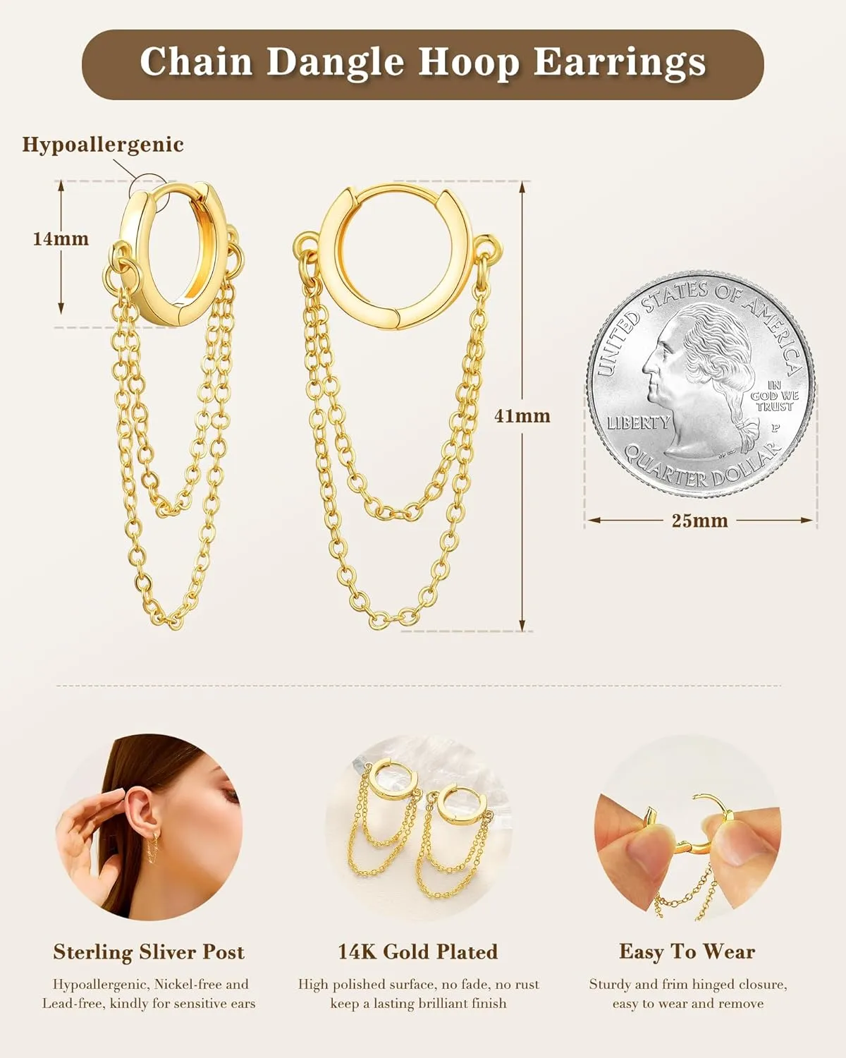Gold Chain Earrings for Women - 14K Gold Plated Dangle Huggie Hoop Earring Fashion Jewelry Gifts for Valentines Mother's Day Christmas Birthday