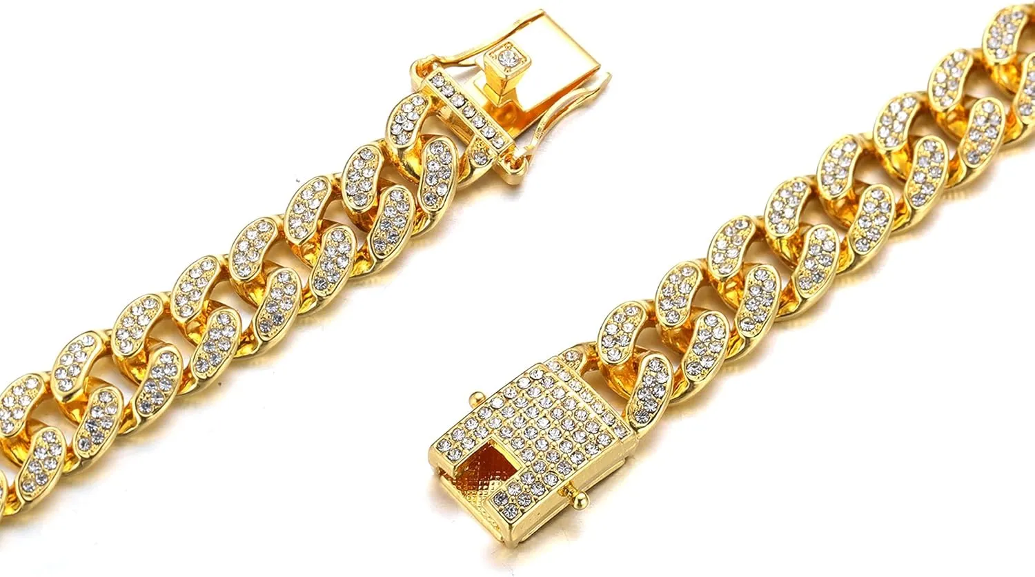 Gold Chain for Men Guys 14MM Wide Cuban Link Chain Silver Tone Iced Out Real White Gold Platinum Plated Bracelet Necklace Handset Diamonds Gift for Boyfriend Husband