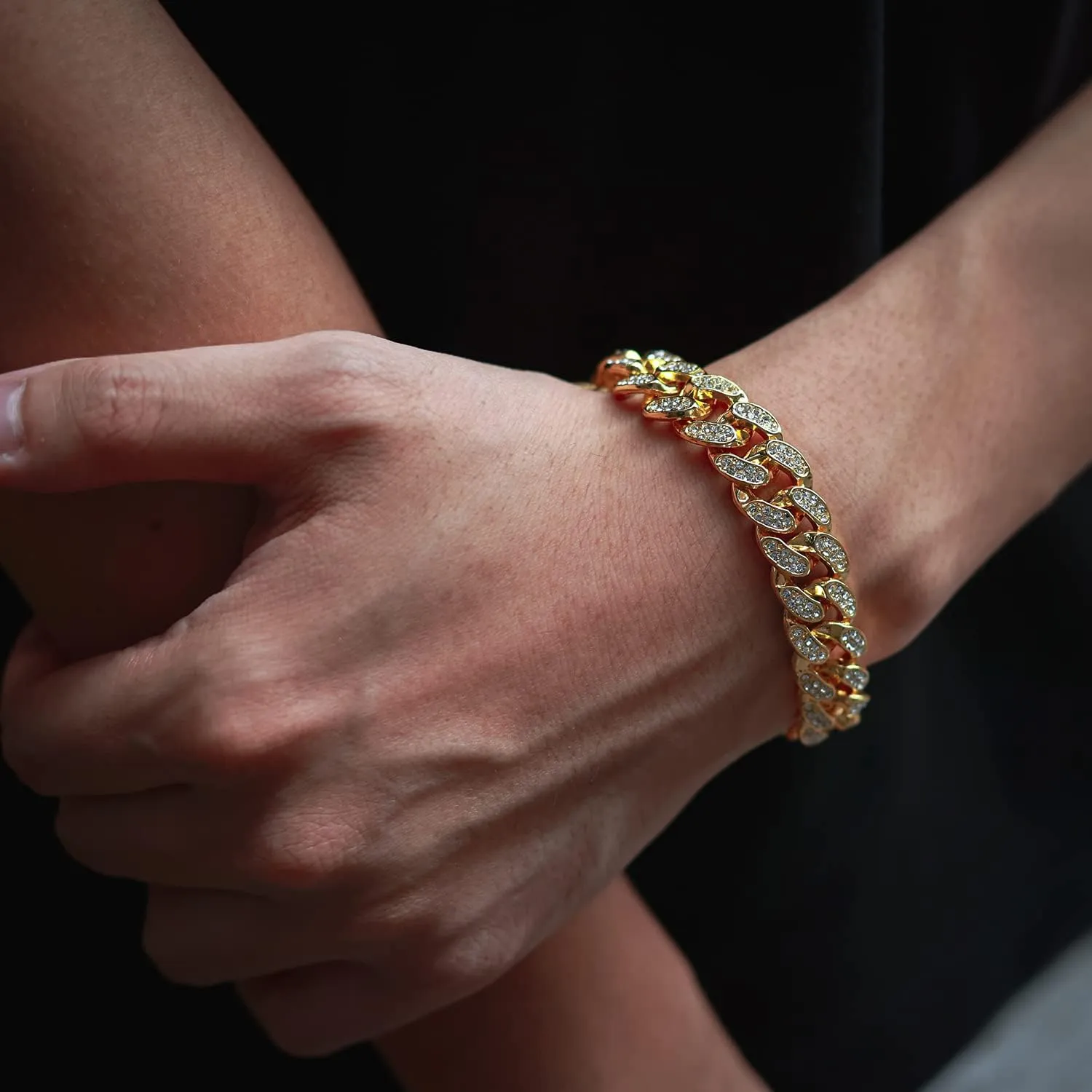 Gold Chain for Men Guys 14MM Wide Cuban Link Chain Silver Tone Iced Out Real White Gold Platinum Plated Bracelet Necklace Handset Diamonds Gift for Boyfriend Husband