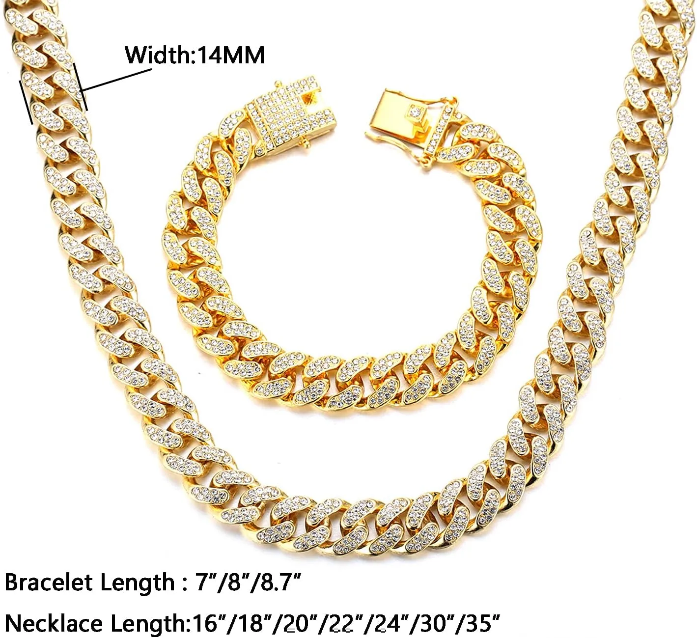 Gold Chain for Men Guys 14MM Wide Cuban Link Chain Silver Tone Iced Out Real White Gold Platinum Plated Bracelet Necklace Handset Diamonds Gift for Boyfriend Husband