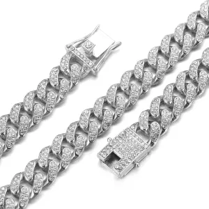 Gold Chain for Men Guys Big Dog 14MM Wide Cuban Link Chain Silver Tone Iced Out Real White Gold Platinum Plated Necklace Handset Diamonds Clasp 16" Gift for Boyfriend Husband