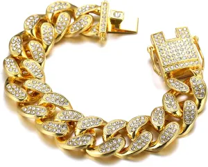 Gold Chain for Men Guys ?Big Dog? 20MM Wide Cuban Link Chain Gold Tone Iced Out 18k Real Gold Plated Bracelet Handset Diamonds Clasp 8.7" Gift for Boyfriend Husband